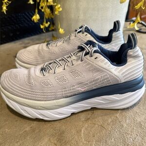 Hoka Bondi White/Light Grey and Dark Blue Athletic Shoes Sz 8.5